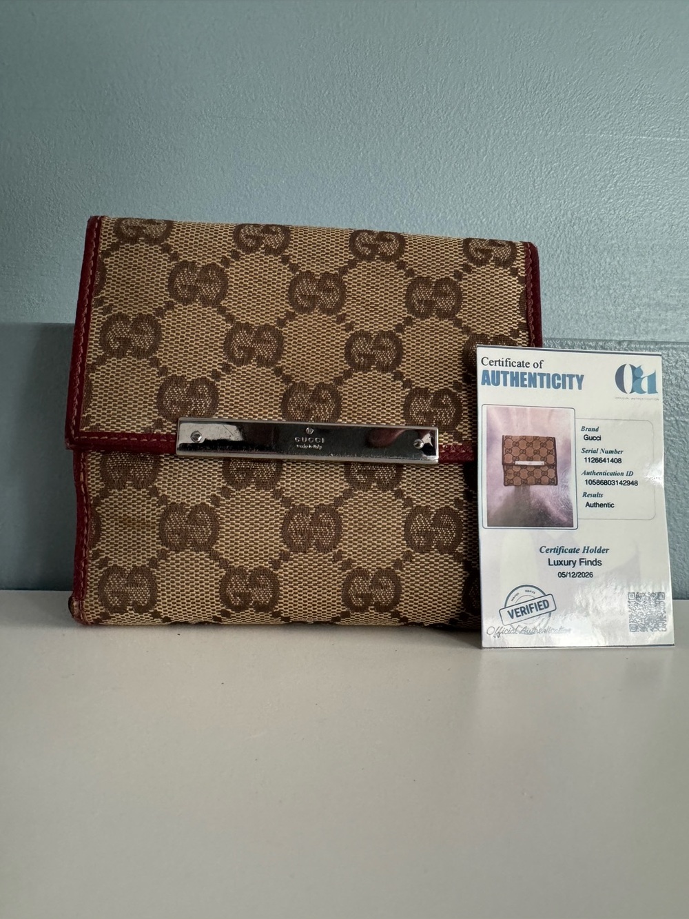 Gucci Beige Brown Monogram Compact Wallet with Red Trim